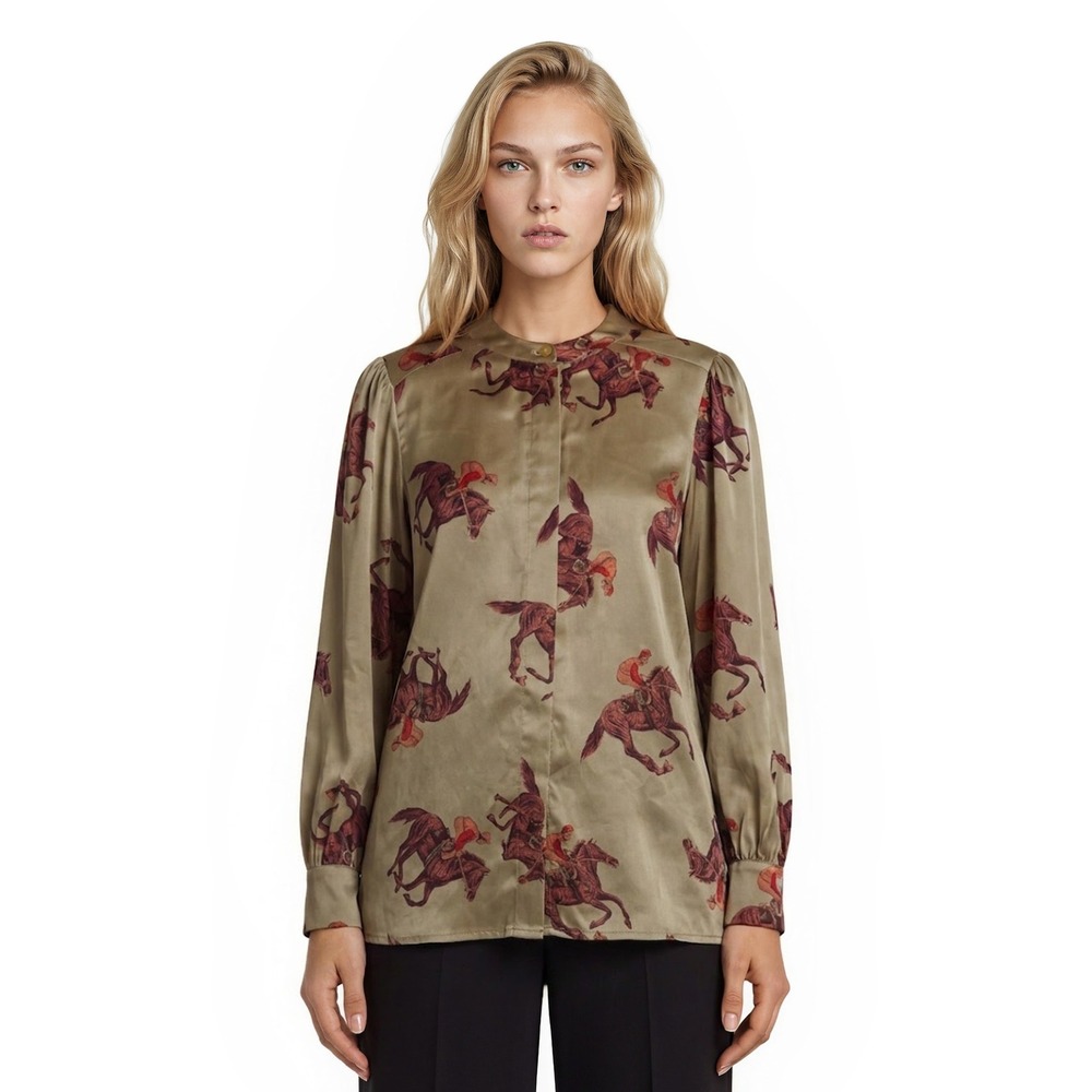 Che Bella 100% Silk Equestrian Blouse Womens Size 4 Olive Gold Horse Top Vintage
